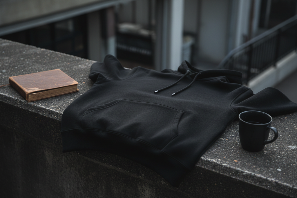 Heavyweight Hoodie P2016 draped in an urban outdoor setting with moody lighting